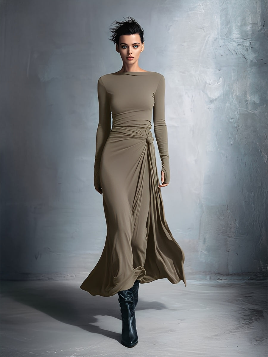 Gina | Dames Maxi Wikkeljurk - Stretch Polyester Katoenmix, Mouwloos Grijs Khaki