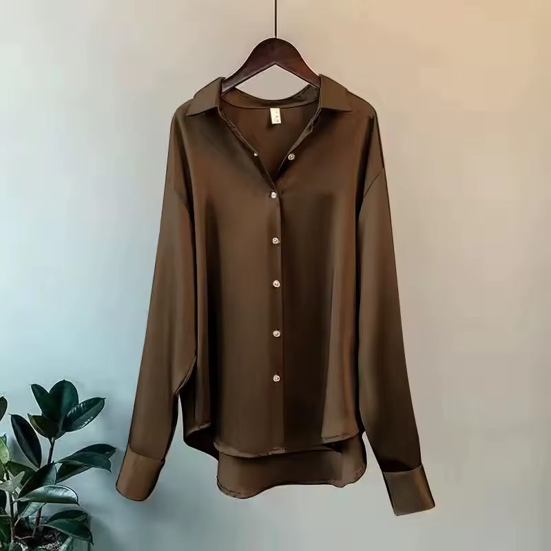Gina | Witte Blouse Dames - Luxe Zijde, Tijdloos Ontwerp Bruin