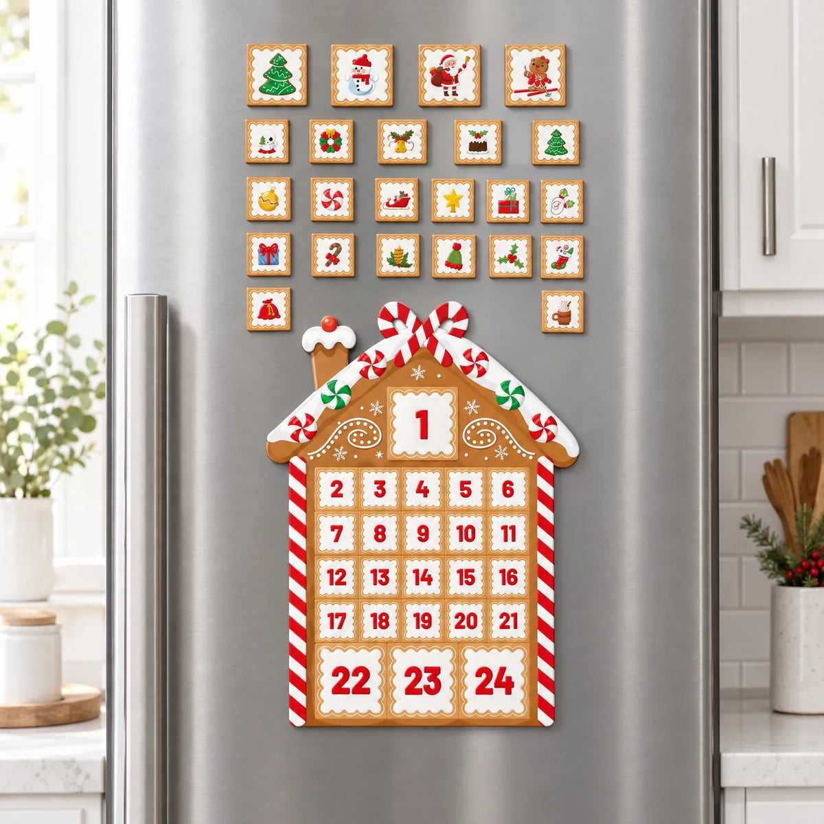 Magnetische Adventskalender Peperkoekhuisje – Koelkast Aftelkalender met 24 Kerstmagneten, 37,5 x 28,5 cm