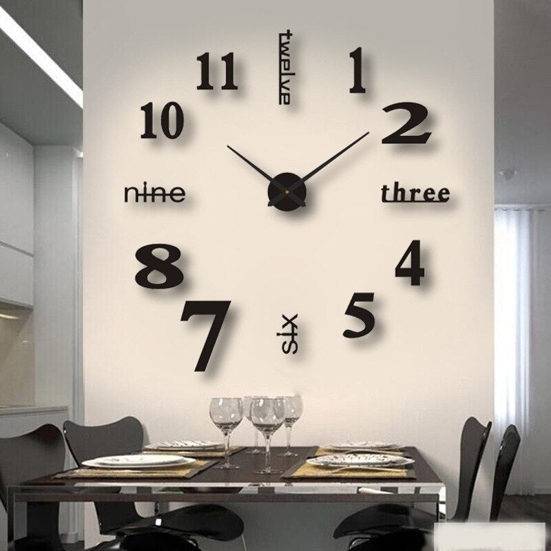 Grote 3D Wandklok met Stil Uurwerk en Driedimensionaal Ontwerp voor Modern Interieur Kwart - Zwart