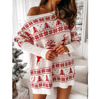 Kersttrui Dames – Oversized Off-Shoulder Trui in Rood & Wit, Comfortabele Trui voor de Feestdagen – Luna Wit