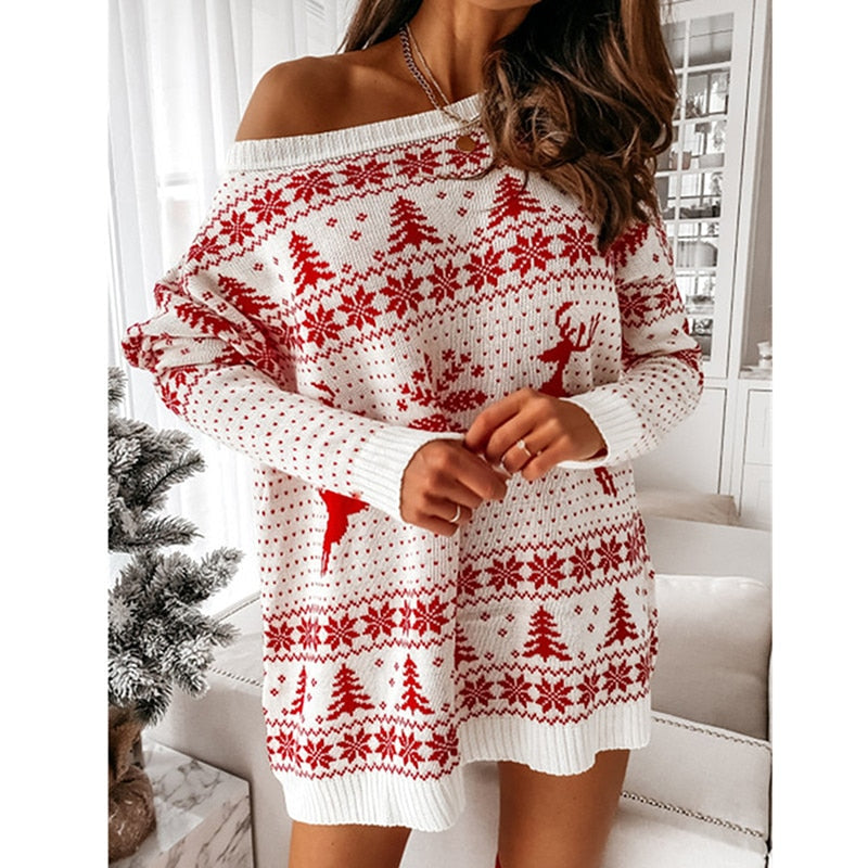 Kersttrui Dames – Oversized Off-Shoulder Trui in Rood & Wit, Comfortabele Trui voor de Feestdagen – Luna Wit