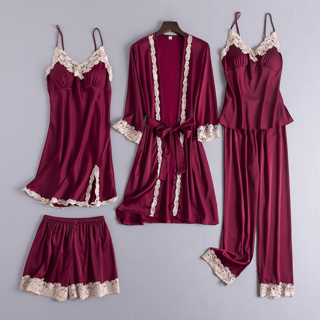 Mirabella | Loungewear Set Dames - Zijden Satijn - 4-Delig Rood