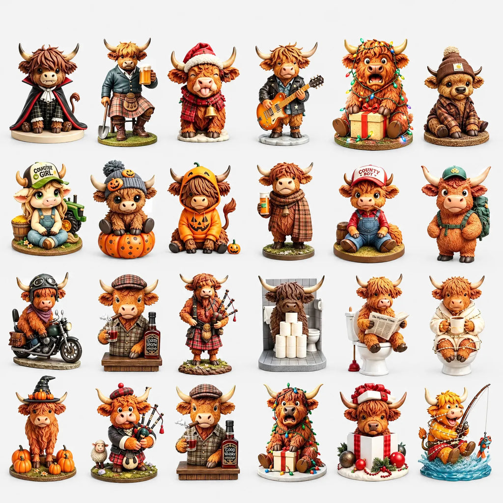 Schotse Hooglander Adventskalender – 24 Hooglandkoe Figuurtjes in Kerstoutfits, Aftelkalender zonder Chocolade, 25 cm Default Title