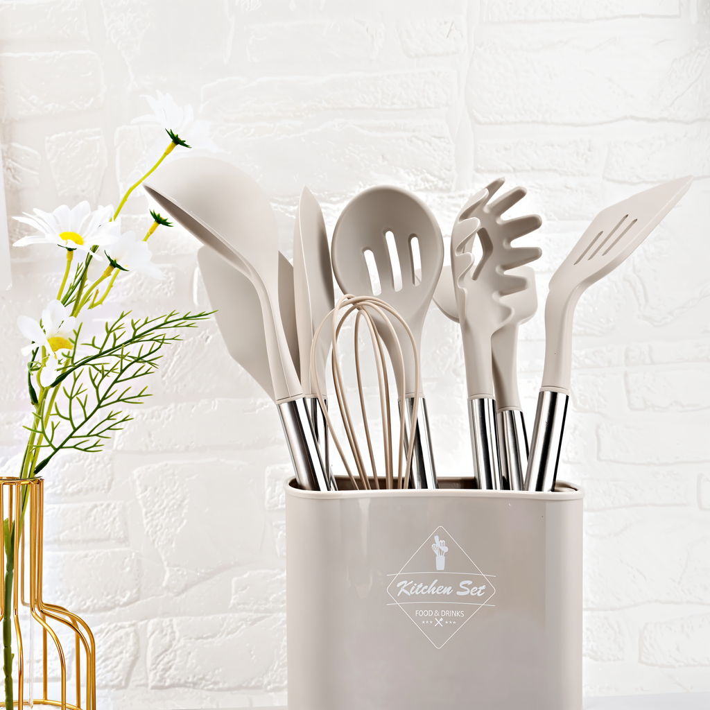 12-delige Siliconen Keukengereedschapset – Kookgerei met RVS Handvatten, Hittebestendig – Culinara Pro Lichtbruin