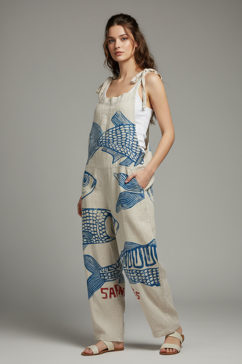 Sienna | Jumpsuit Dames - Marineblauw Vintage Vissenprint Beige