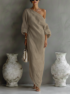 Ivona | Damesjurk Zomer - Katoen-Linnenmix, Elegant Met Eén Schouder Khaki