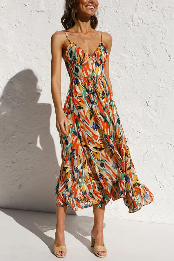 Kira | Dames Midi Jurk - Kleurrijke Print, Casual en Ademend Polyester Rood