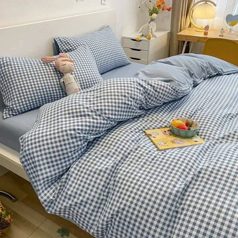 Klassieke Dambord Beddengoedset – Hoogwaardige Materialen, Inclusief Dekbedovertrek, Laken en Kussenslopen, Beschikbaar in Diverse Maten Blauw