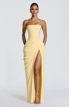Flōre | Sculpturale Avondjurk met Corset en Drapering Geel