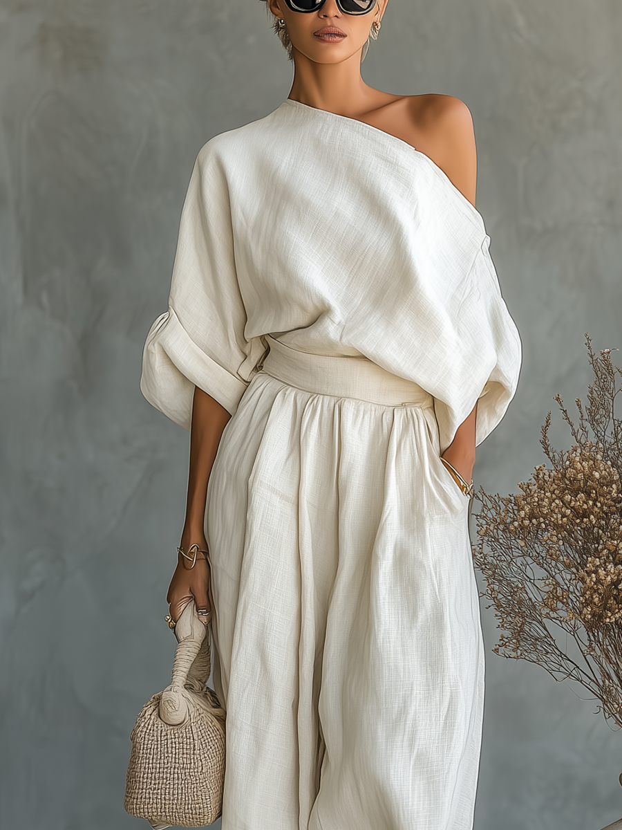 Lina | Dames Set - Gebroken Wit Linnen Off-Shoulder Casual Outfit