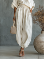 Lina | Dames Set - Gebroken Wit Linnen Off-Shoulder Casual Outfit