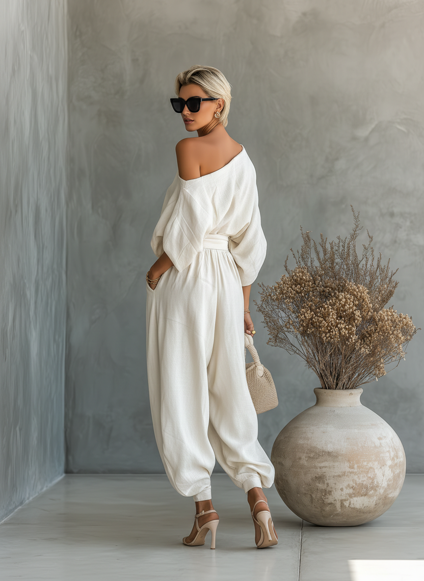 Lina | Dames Set - Gebroken Wit Linnen Off-Shoulder Casual Outfit