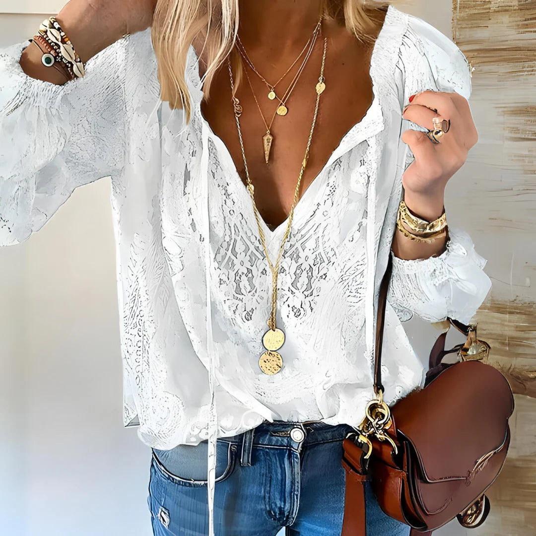Seraphina | Boho Blouse Dames - Kanten Detail - Losvallend Wit