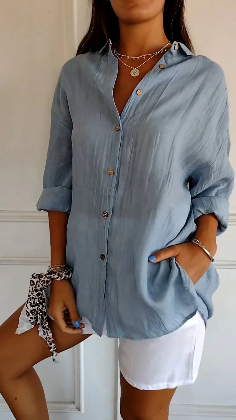 Yvaine | Blouse Dames - Lange Mouwen Relaxed Fit Blauw