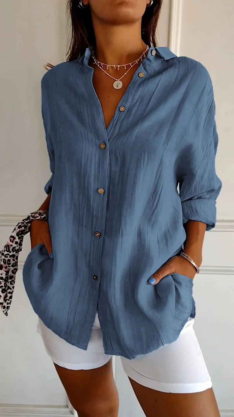 Yvaine | Blouse Dames - Lange Mouwen Relaxed Fit Donkerblauw