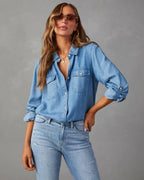 Luna | Overhemd Dames - Blauw Denim Katoen - Casual Donkerblauw