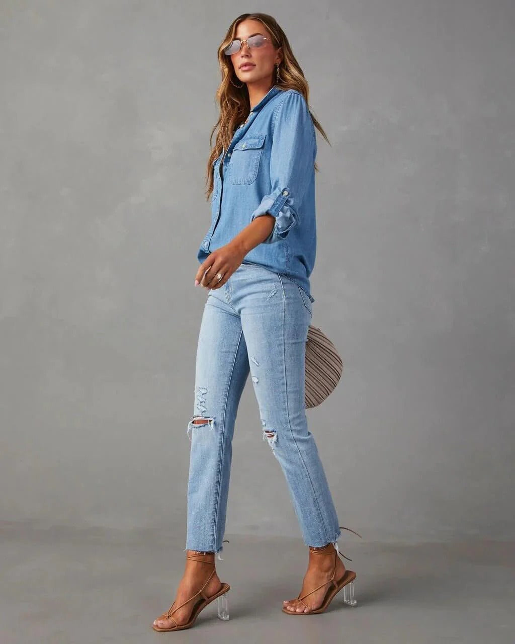 Luna | Overhemd Dames - Blauw Denim Katoen - Casual
