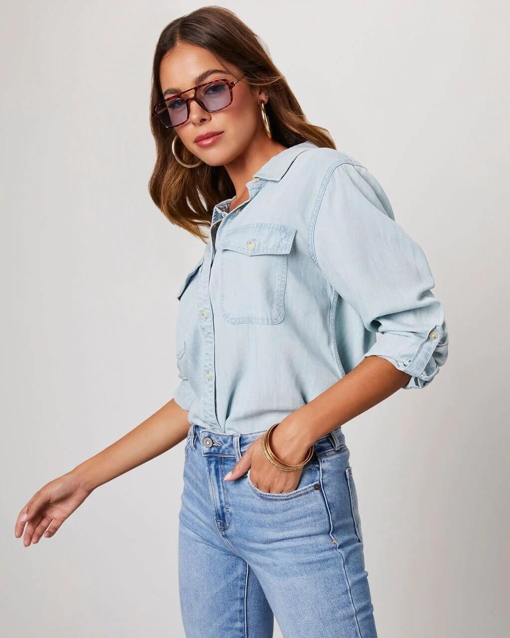 Luna | Overhemd Dames - Blauw Denim Katoen - Casual