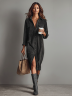 Luna | Dames Midi-jurk - Zachte Corduroy, Casual Jurk Donkergrijs
