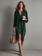 Luna | Dames Midi-jurk - Zachte Corduroy, Casual Jurk Donkergroen