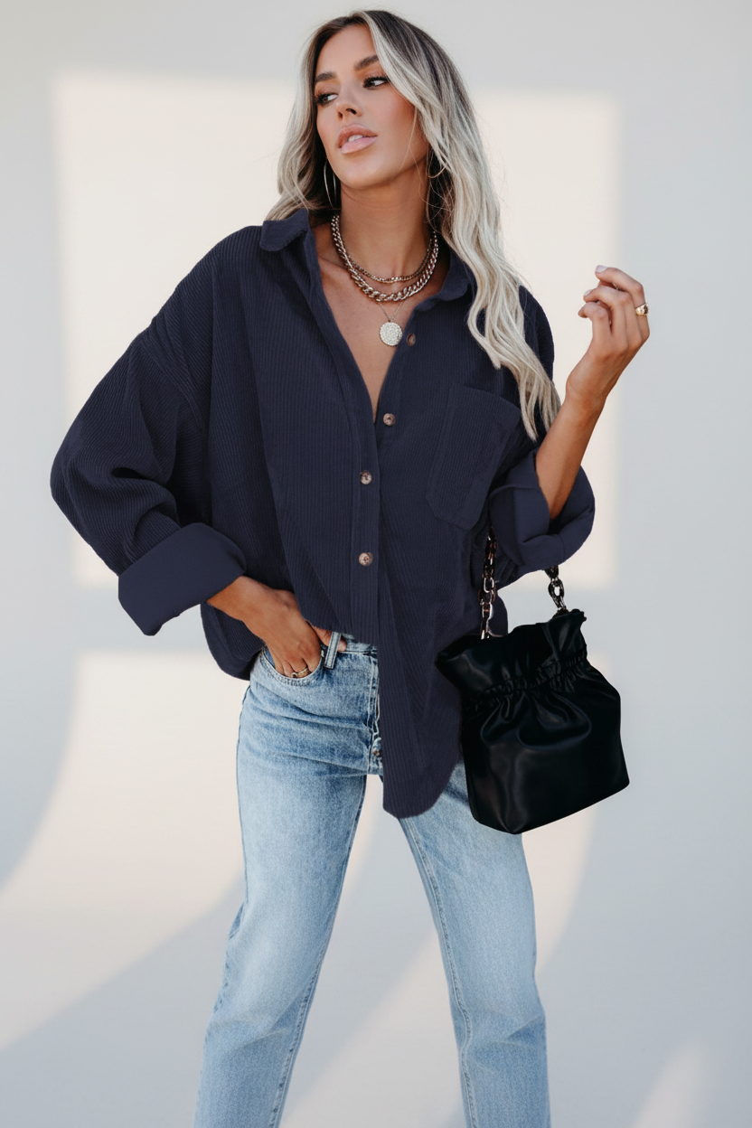Isolde | Overhemd Dames - Oversized, Zachte Structuurstof, Casual Donkerblauw