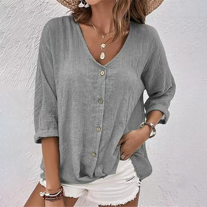 Novali | Knoopblouse Dames - Stoffenmix - Relaxed Grijs