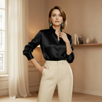 Zaria | Blouse Dames - Zwart Satijn Kraag - Lange Mouwen Zwart