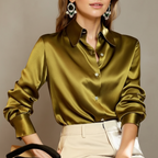 Zaria | Blouse Dames - Zwart Satijn Kraag - Lange Mouwen Goud