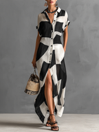 Mia | Dames Maxi Jurk - Katoen-Linnen Mix, Geometrische Print