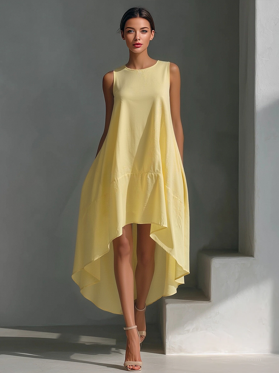 Mia | Dames Midi-Jurk - 100% Linnen, Mouwloos Asymmetrische Zoom Warm geel