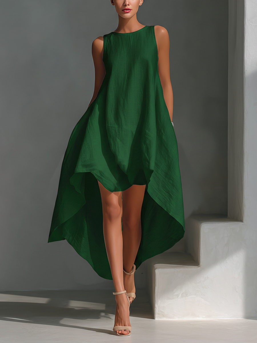 Mia | Dames Midi-Jurk - 100% Linnen, Mouwloos Asymmetrische Zoom Groen