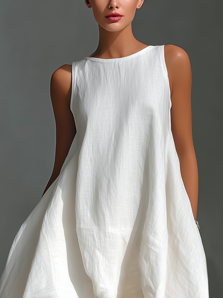 Mia | Dames Midi-Jurk - 100% Linnen, Mouwloos Asymmetrische Zoom