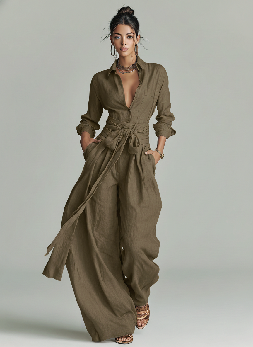 Mila | Dames Jumpsuit - Katoen-Linnen Mix, Elegante Stijl Kaki