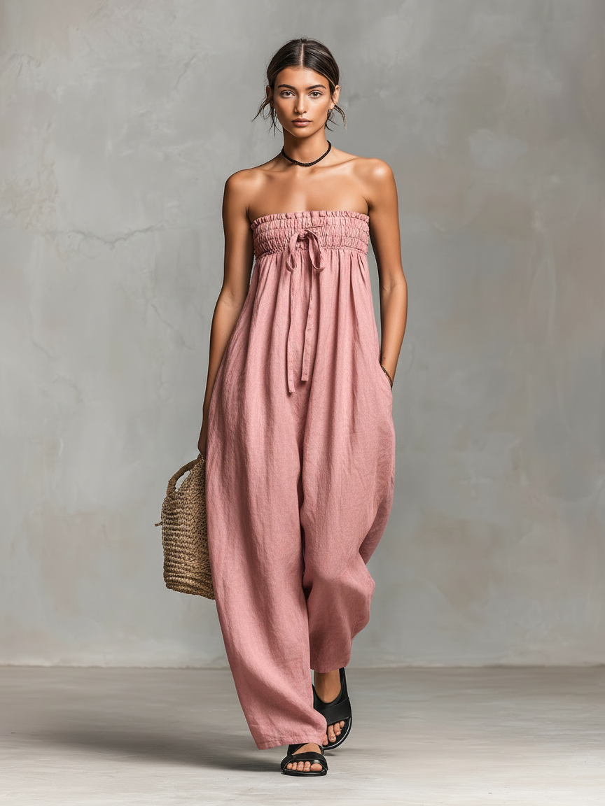 Mila | Dames Jumpsuit - Linnenmix, Strapless Design Lichtroze