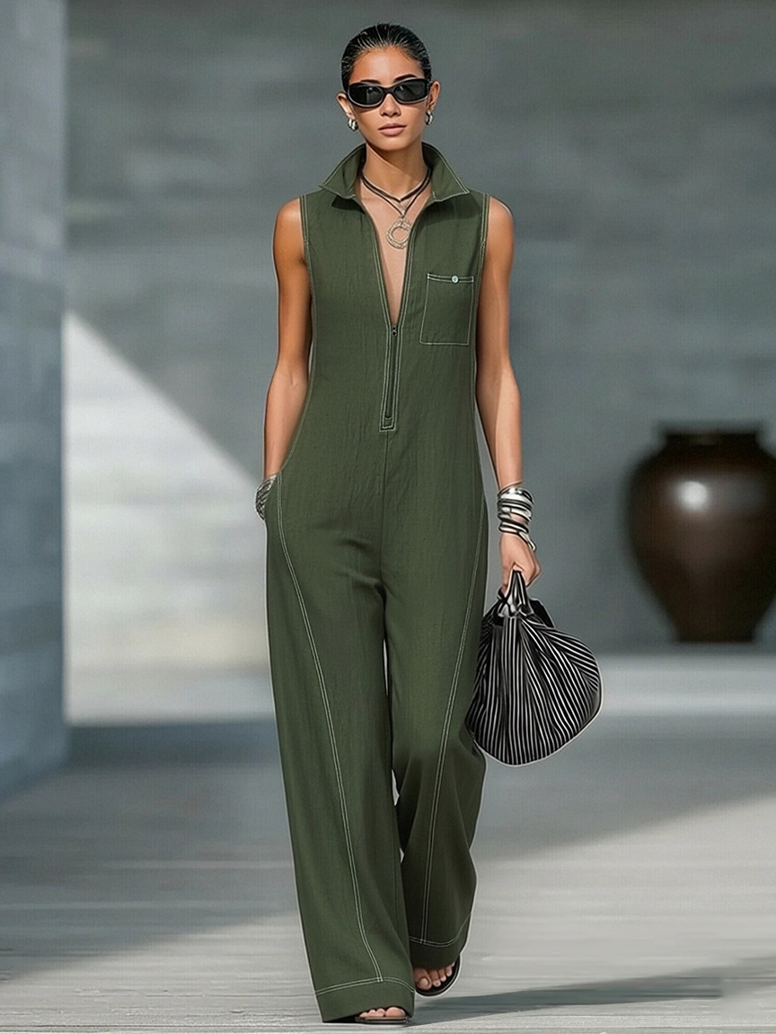 Mila | Dames Jumpsuit - Losse Pasvorm, Zwart met Witte Bies Legergroen