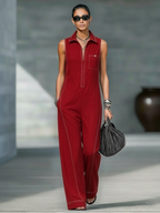 Mila | Dames Jumpsuit - Losse Pasvorm, Zwart met Witte Bies Rood