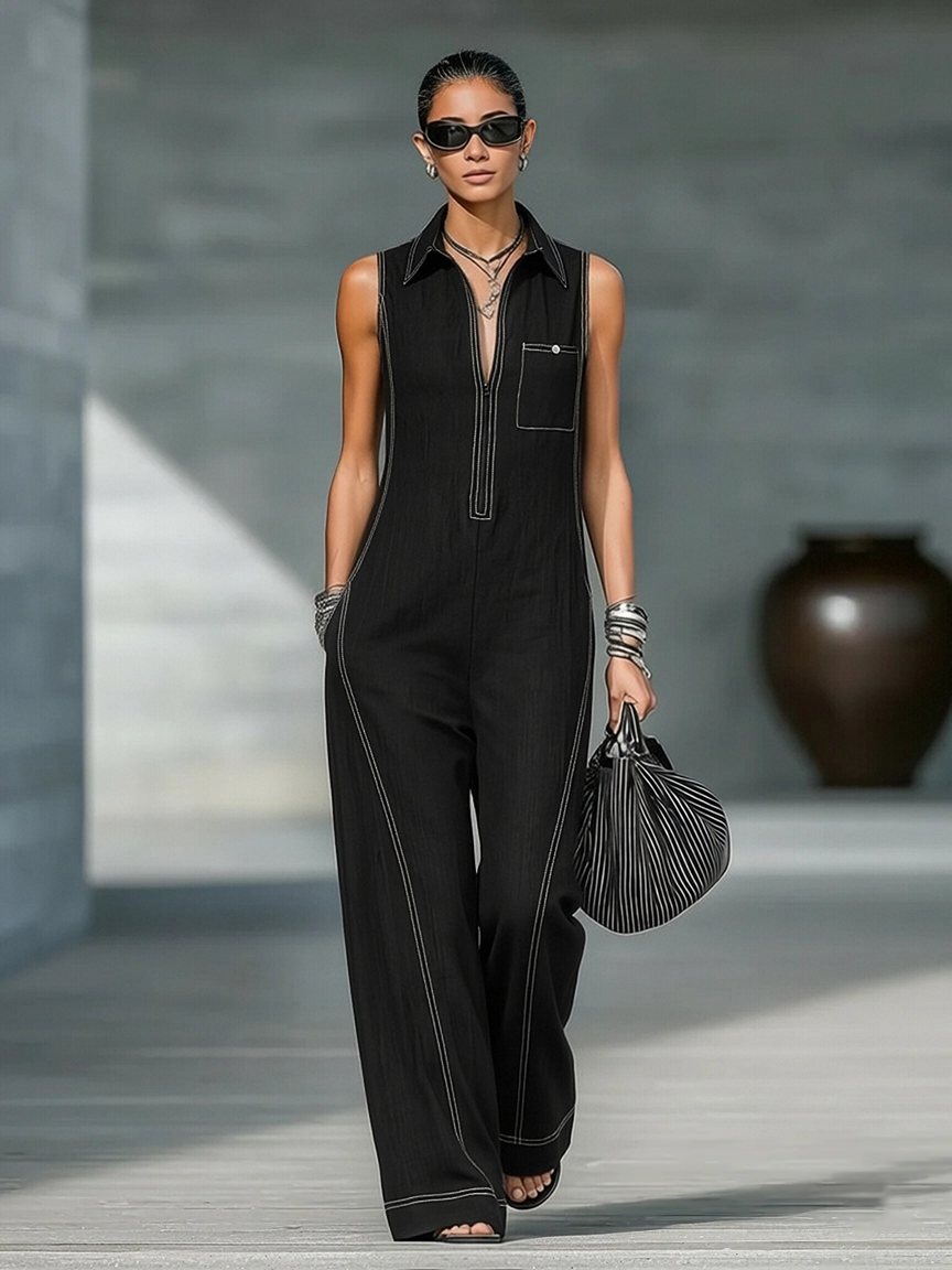 Mila | Dames Jumpsuit - Losse Pasvorm, Zwart met Witte Bies