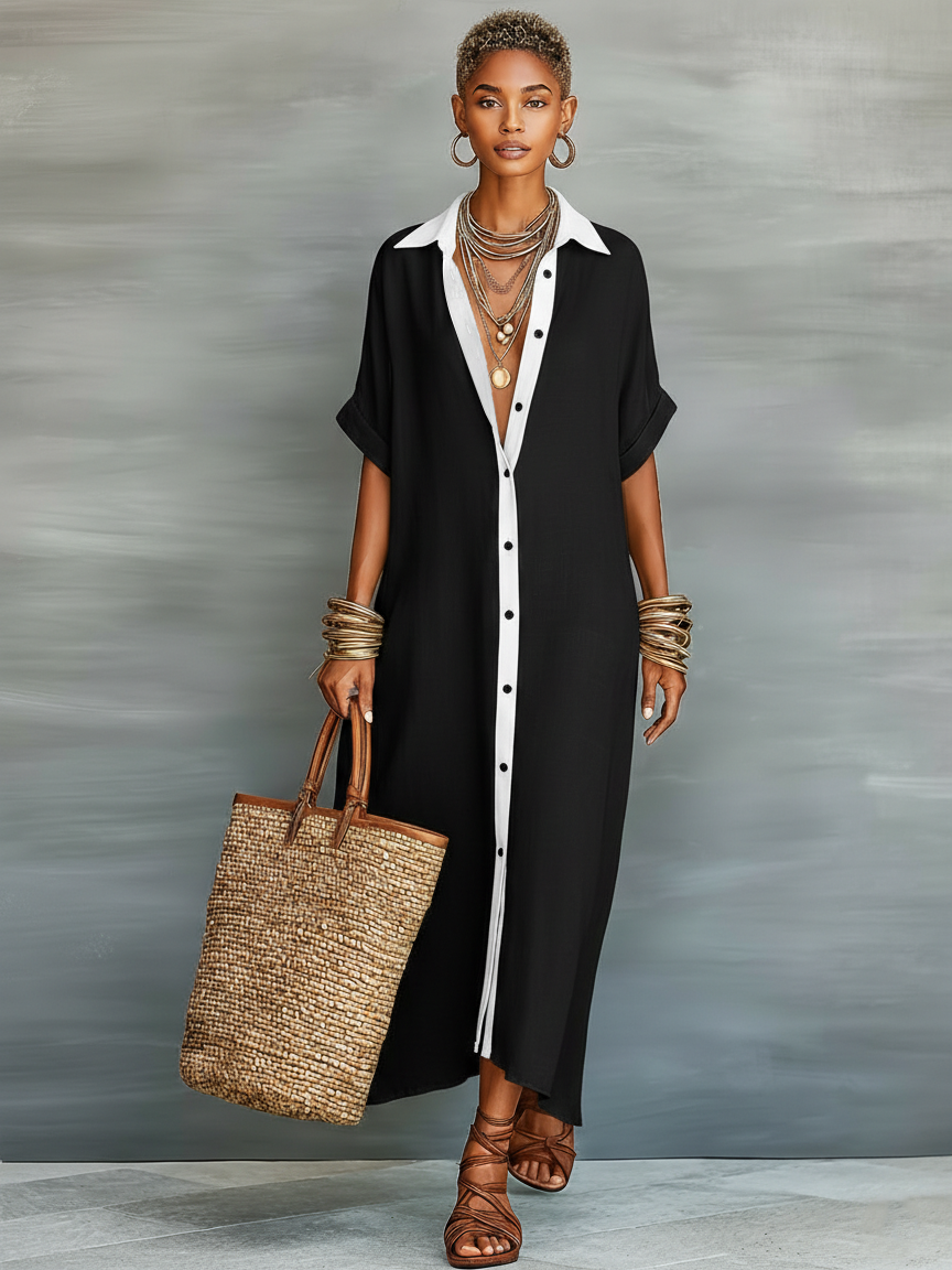 Mila | Lange Dames Jurk - Ademend Linnenmix, Casual Maxi Overhemdstijl Zwart