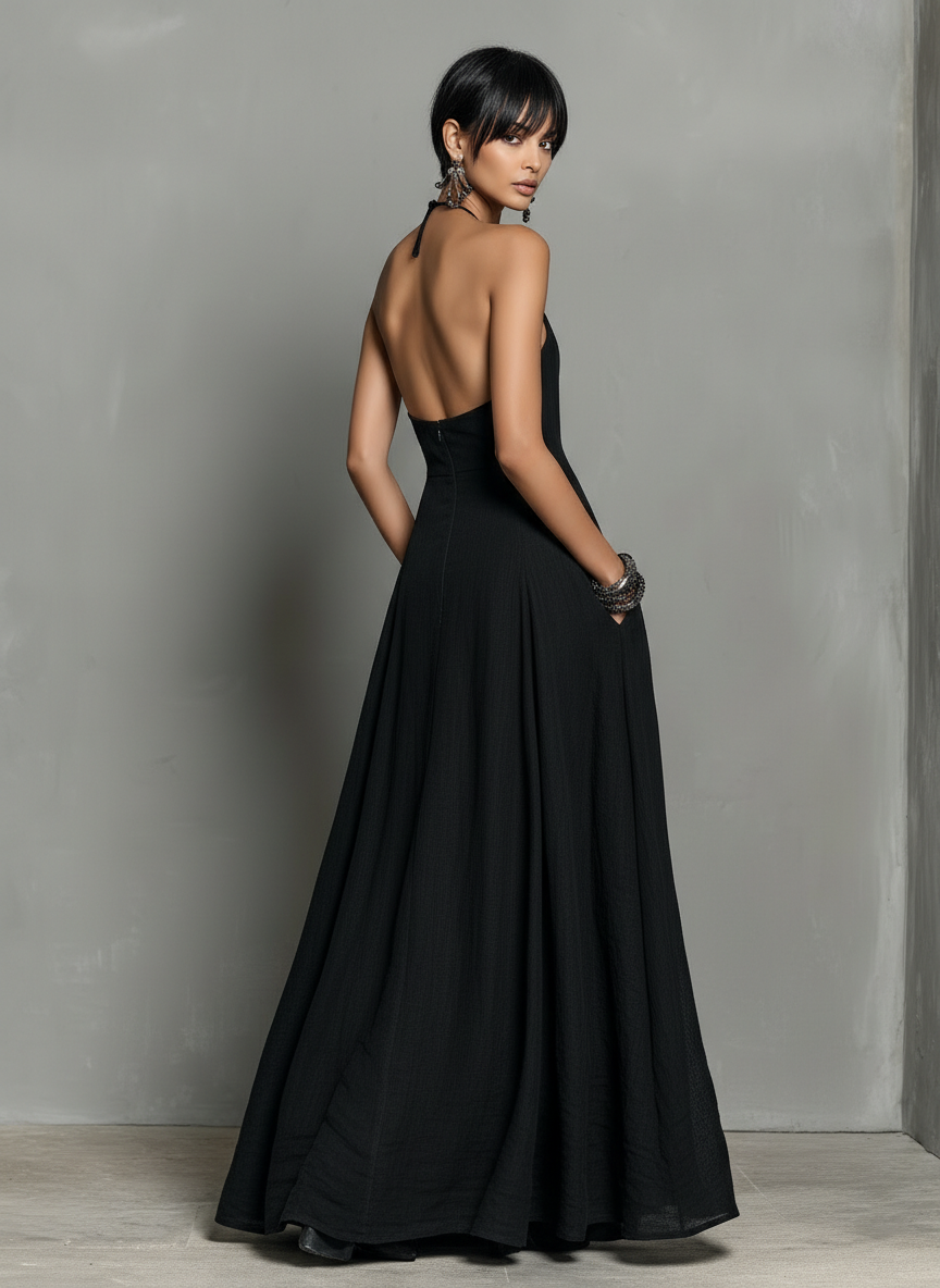 Mila | Dames Lange Jurk - Ademend Linnenmix met Halterhals