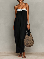 Mila | Dames Lange Jurk - Linnenmix met Kanten Panelen Zwart