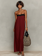 Mila | Dames Lange Jurk - Linnenmix met Kanten Panelen Rood