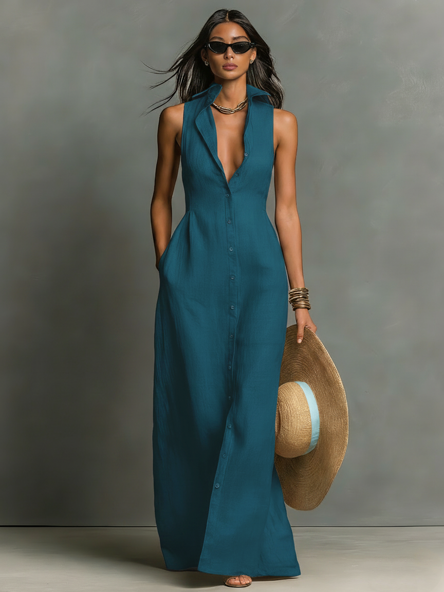 Mila | Dames Lange Zomerjurk - Ademend Linnenmix, Mouwloos Teal Blauw