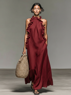 Mila | Dames Lange Zomerjurk - Ademend Linnenmix met Ruches Rood