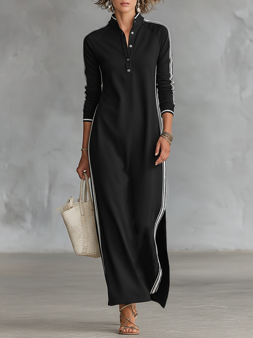 Mila | Dames Maxi Jurk - Zachte Sweatstof, Minimalistisch Design Zwart