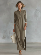 Mila | Dames Maxi Jurk - Zachte Sweatstof, Minimalistisch Design Khaki