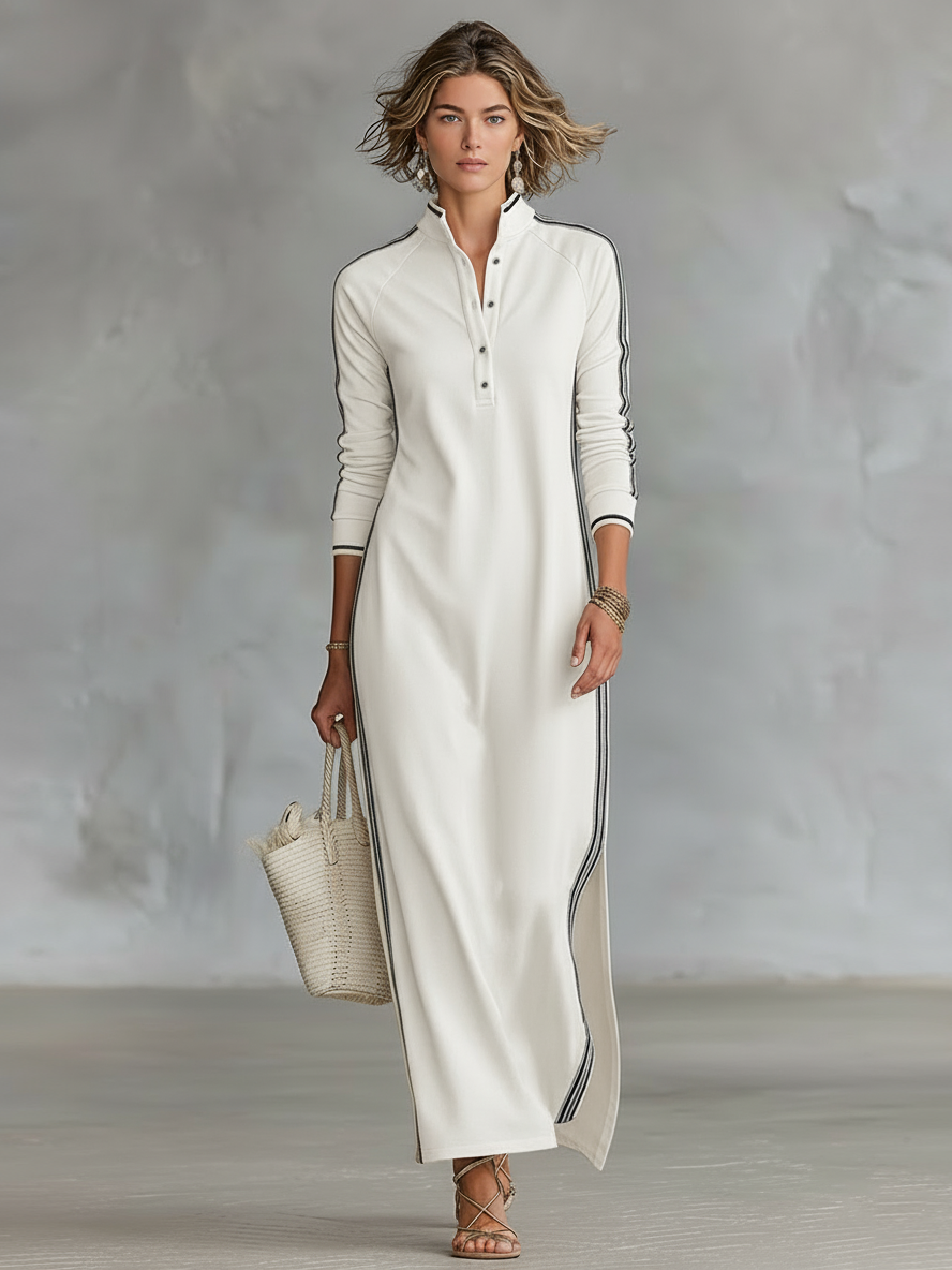 Mila | Dames Maxi Jurk - Zachte Sweatstof, Minimalistisch Design Wit