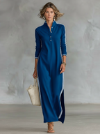 Mila | Dames Maxi Jurk - Zachte Sweatstof, Minimalistisch Design Blauw