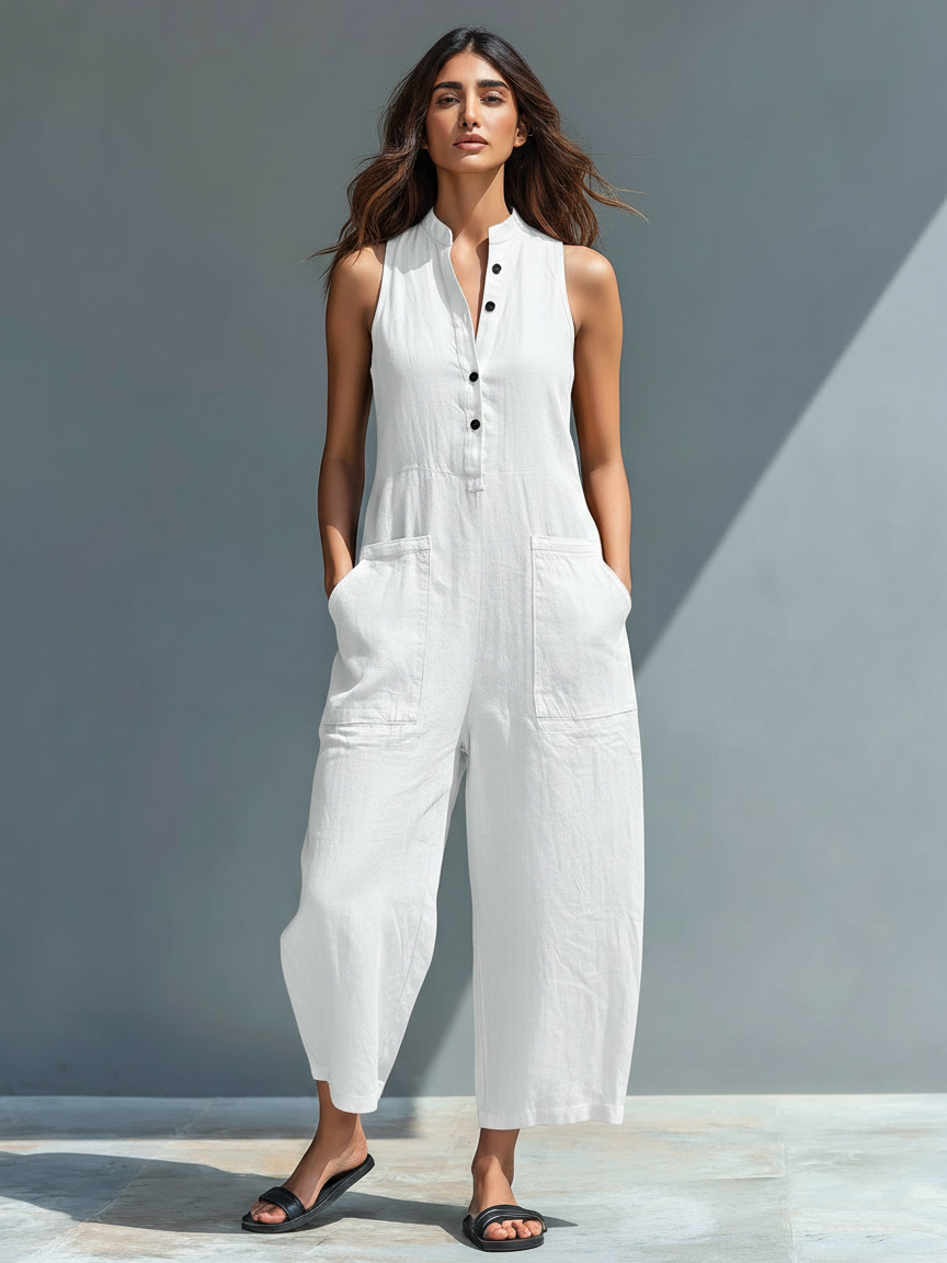 Mina | Dames Jumpsuit - Ademend Linnenmix, Mouwloos Design Wit