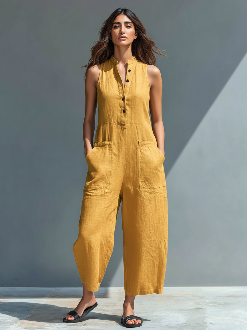 Mina | Dames Jumpsuit - Ademend Linnenmix, Mouwloos Design Geel